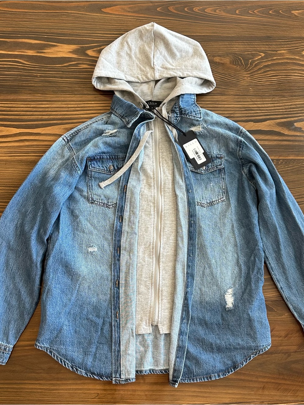 Light Blue Denim Jacket with Gray Hooded Insert - Risen Brand - Picture 1 of 3